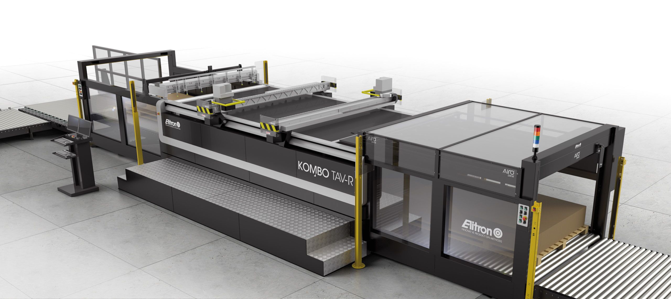 Elitron Kombo TAV-R fully automatic cutting line with two cutting heads, roller conveyor loading and Airo Panel unloading onto a pallet
