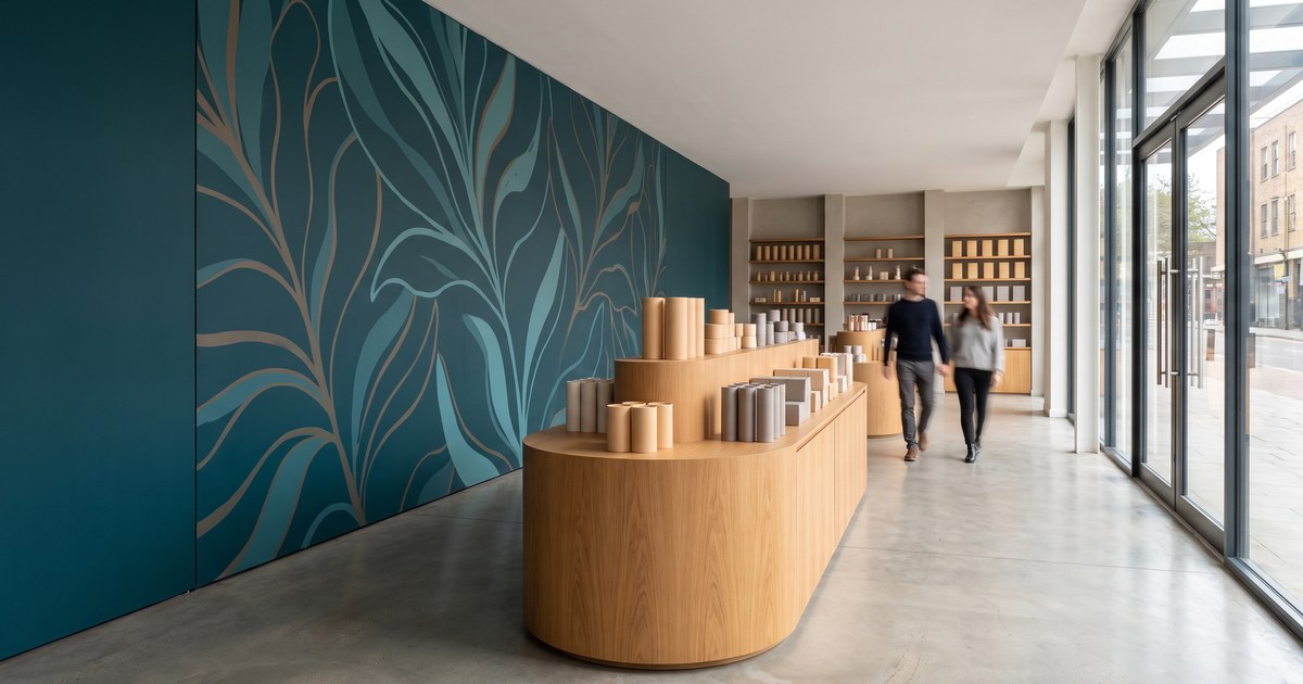 A retail interior with a large printed wall mural, a curved wood display counter, and shelved product displays.