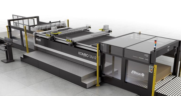 Elitron Kombo TAV-R fully automatic cutting line with two cutting heads, roller conveyor loading and Airo Panel unloading onto a pallet