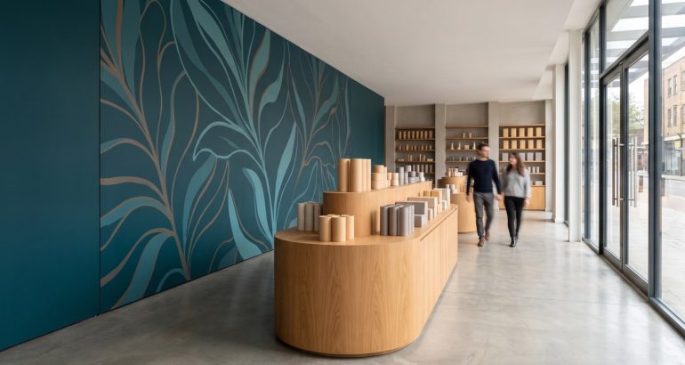 A retail interior with a large printed wall mural, a curved wood display counter, and shelved product displays.